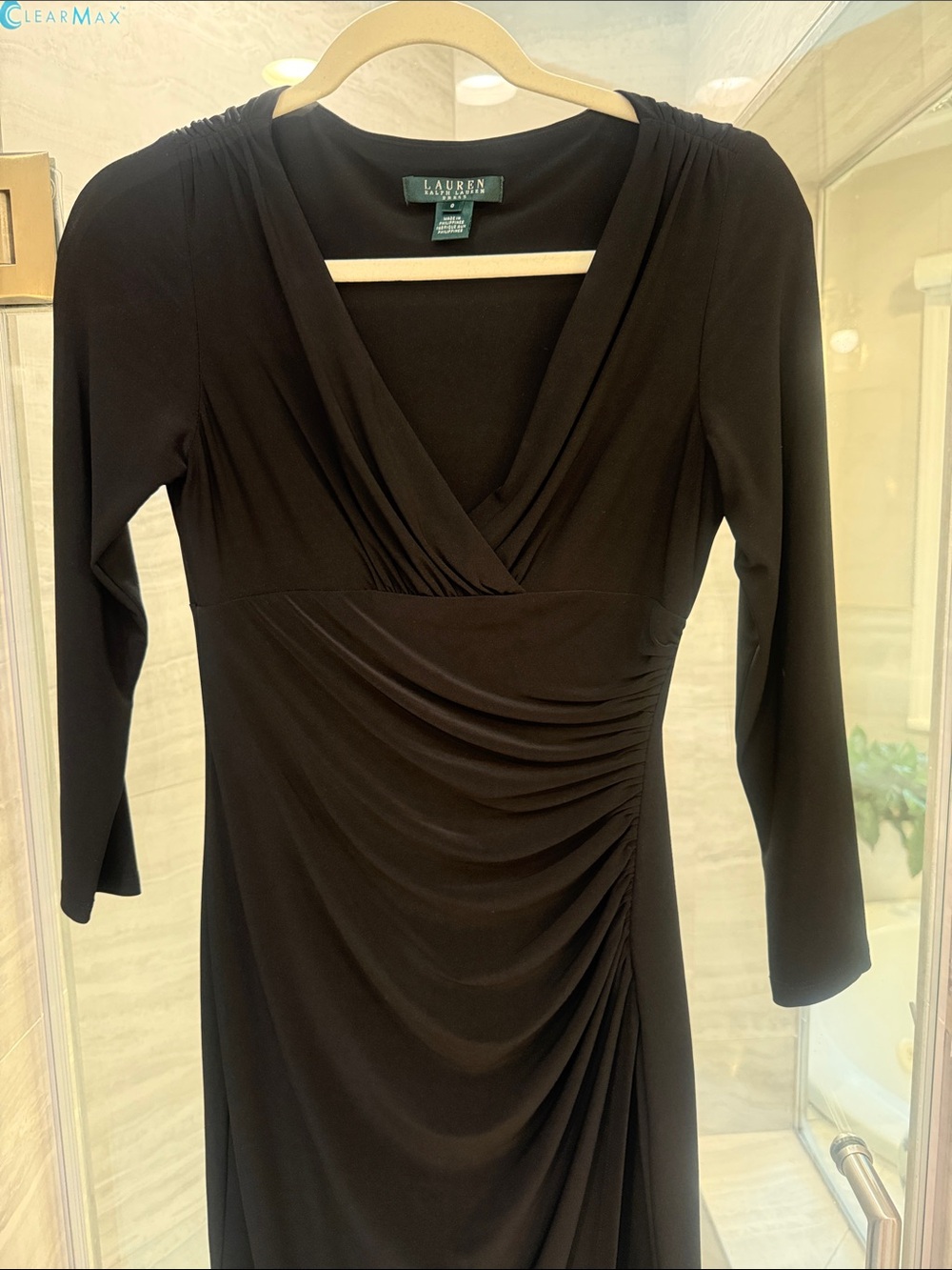 Lauren Ralph Lauren Black Long Sleeve Ruched V-Neck Midi Dress - Picture 5 of 9